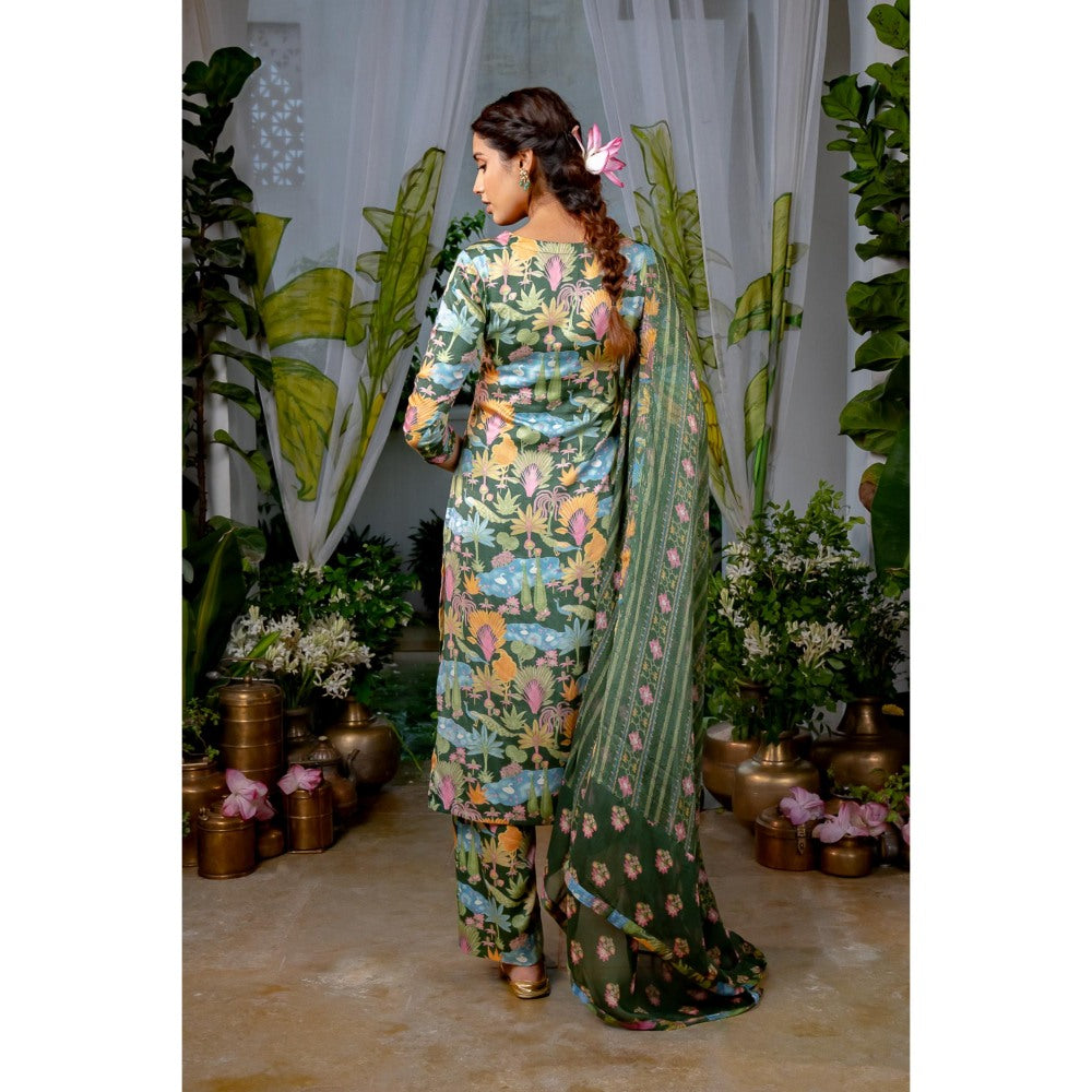 Baise Gaba Lakshmi Green Kurta with Pant and Dupatta (Set of 3)
