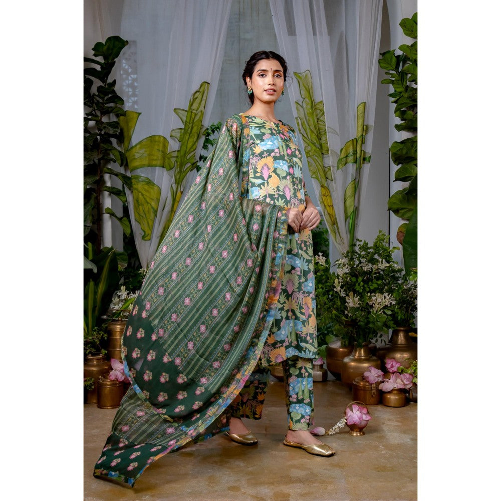 Baise Gaba Lakshmi Green Kurta with Pant and Dupatta (Set of 3)
