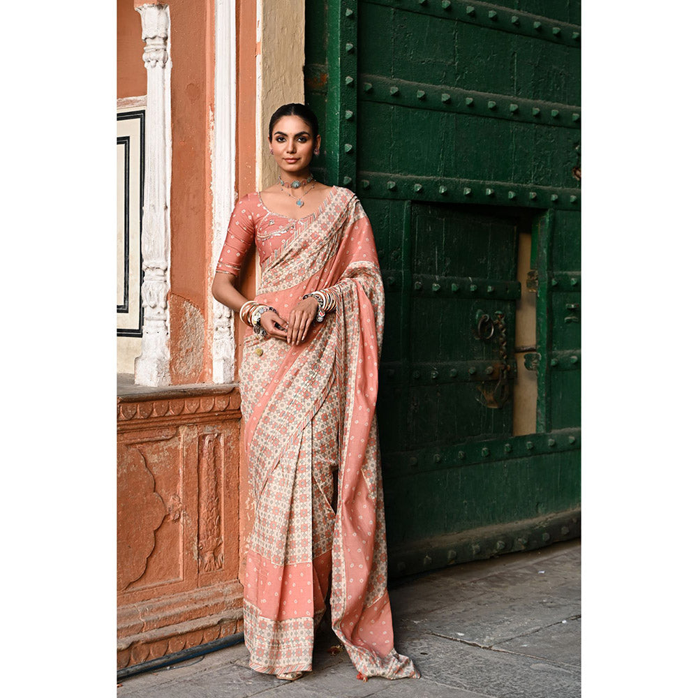 Baise Gaba Jal Jharokha Printed Saree with Stitched Blouse