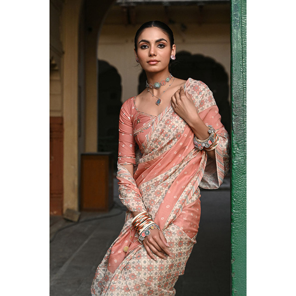 Baise Gaba Jal Jharokha Printed Saree with Stitched Blouse