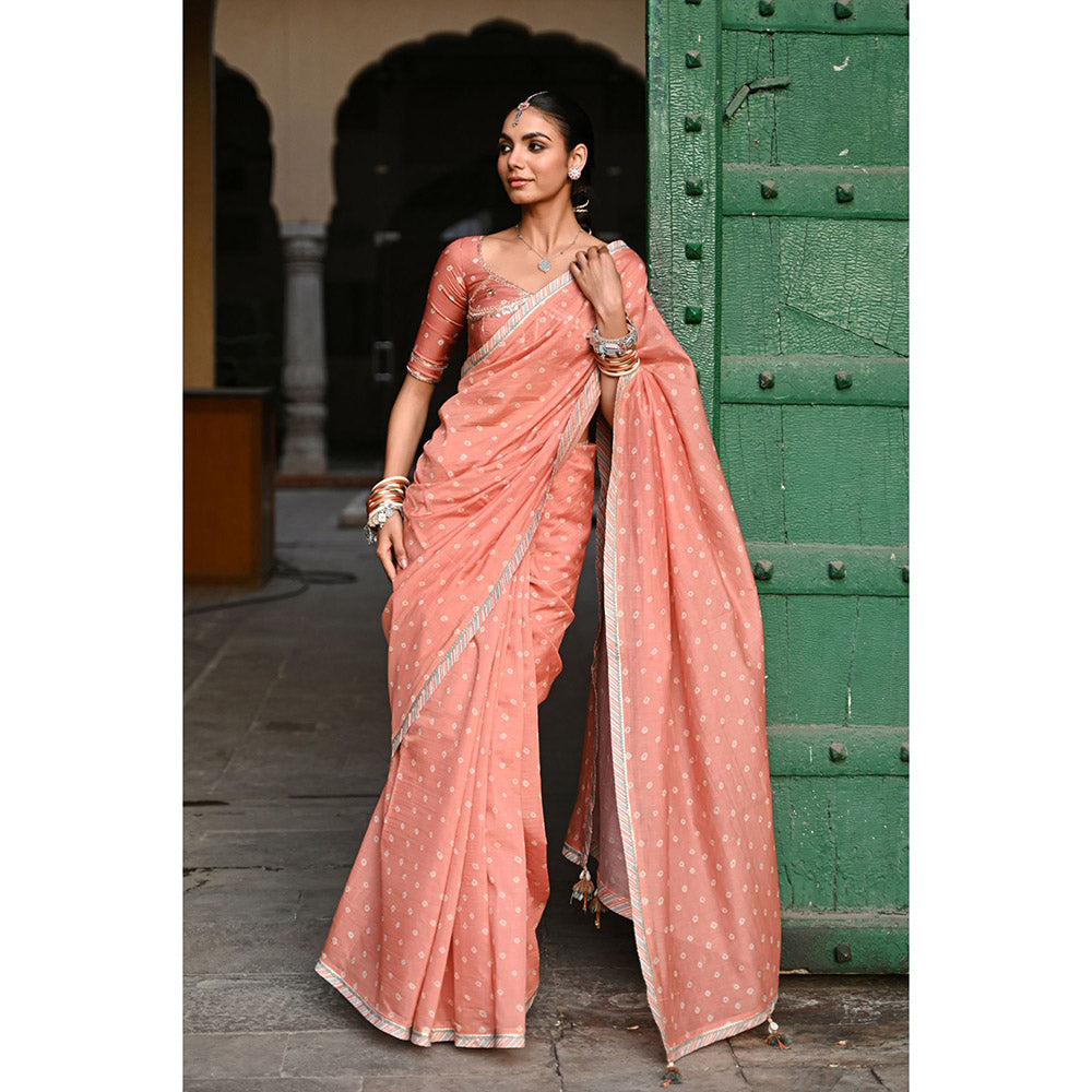 Baise Gaba Kesariya Noor Printed Saree with Stitched Blouse