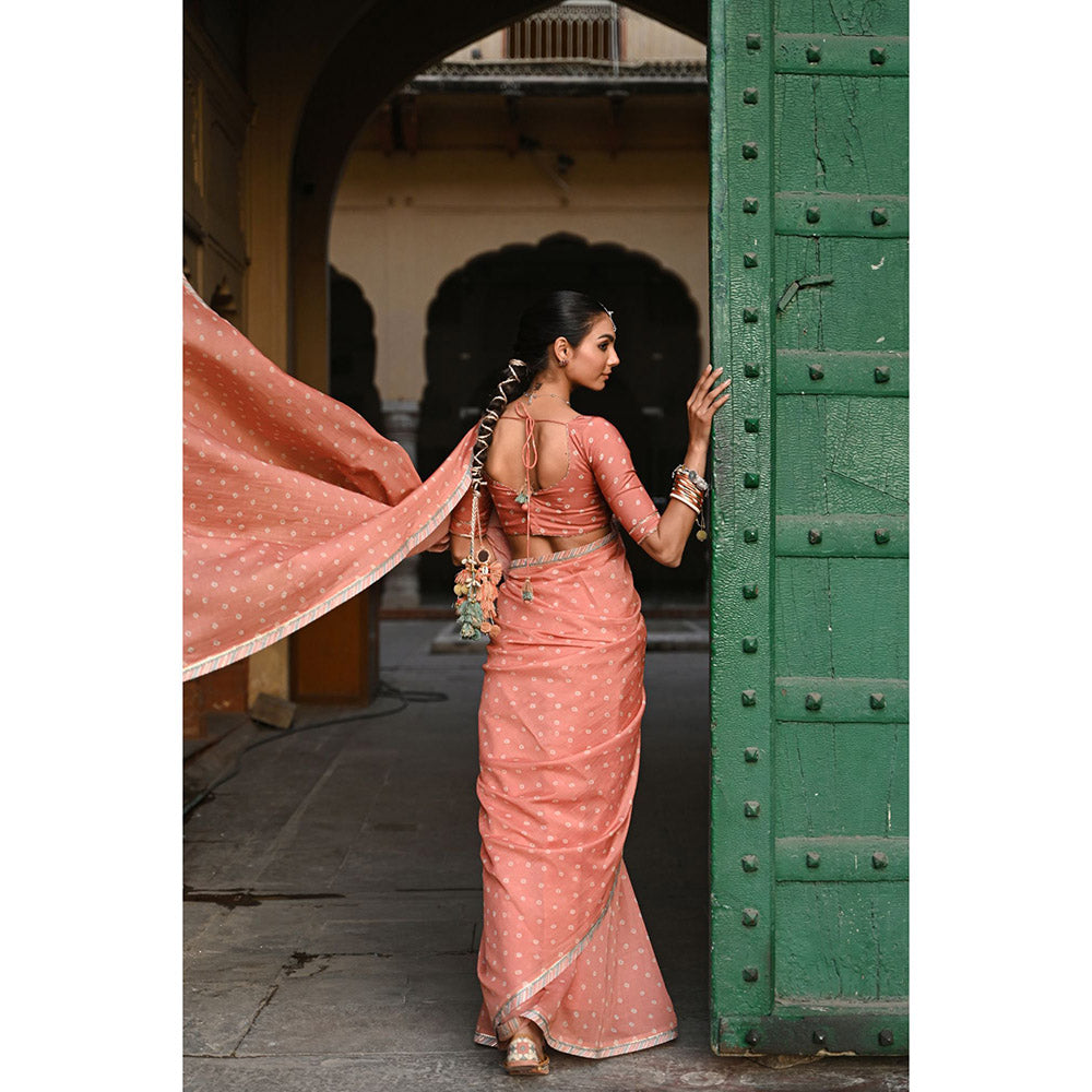 Baise Gaba Kesariya Noor Printed Saree with Stitched Blouse