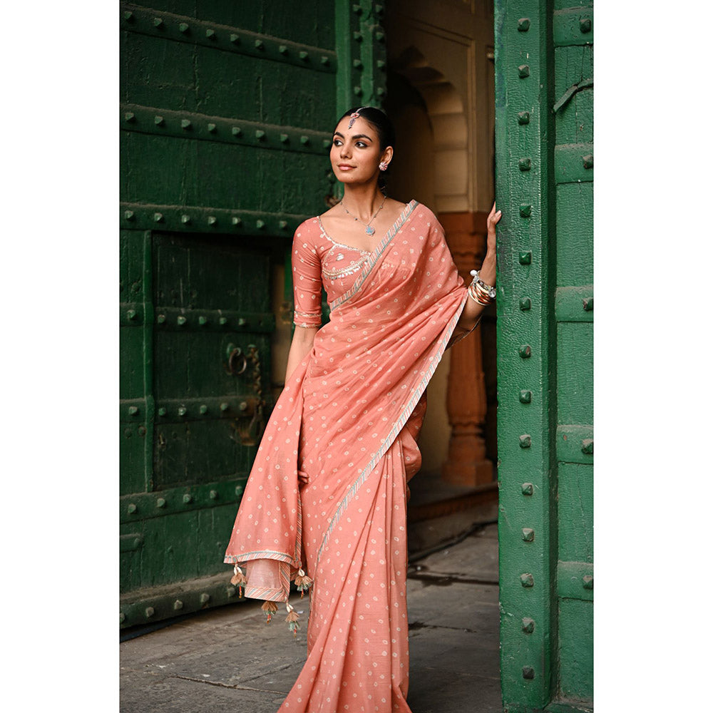 Baise Gaba Kesariya Noor Printed Saree with Stitched Blouse