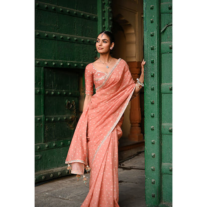 Baise Gaba Kesariya Noor Printed Saree with Stitched Blouse