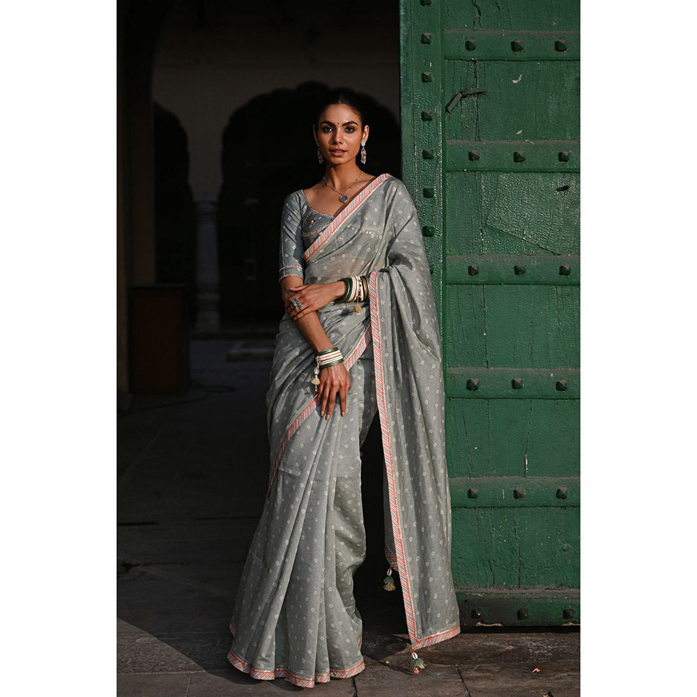 Baise Gaba Sunehri Grey Printed Gota Saree with Stitched Blouse