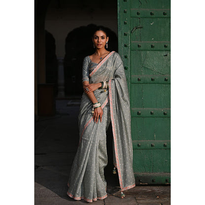 Baise Gaba Sunehri Grey Printed Gota Saree with Stitched Blouse