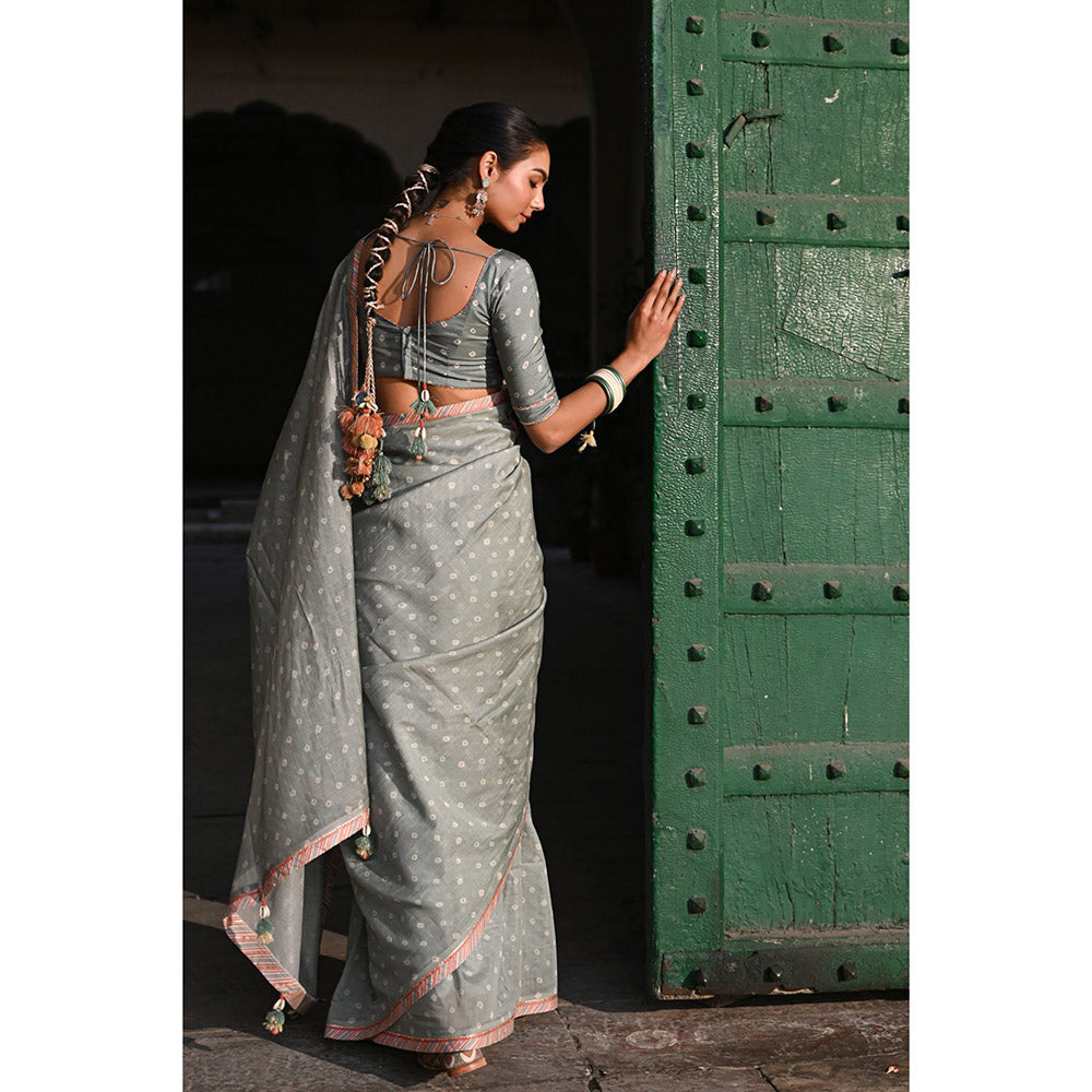 Baise Gaba Sunehri Grey Printed Gota Saree with Stitched Blouse