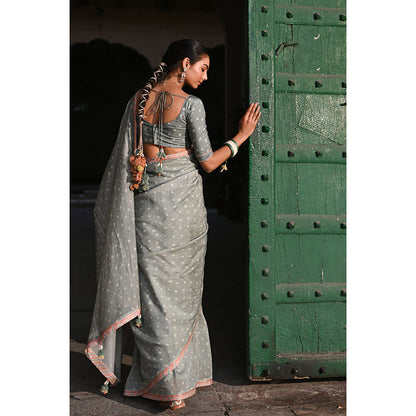 Baise Gaba Sunehri Grey Printed Gota Saree with Stitched Blouse