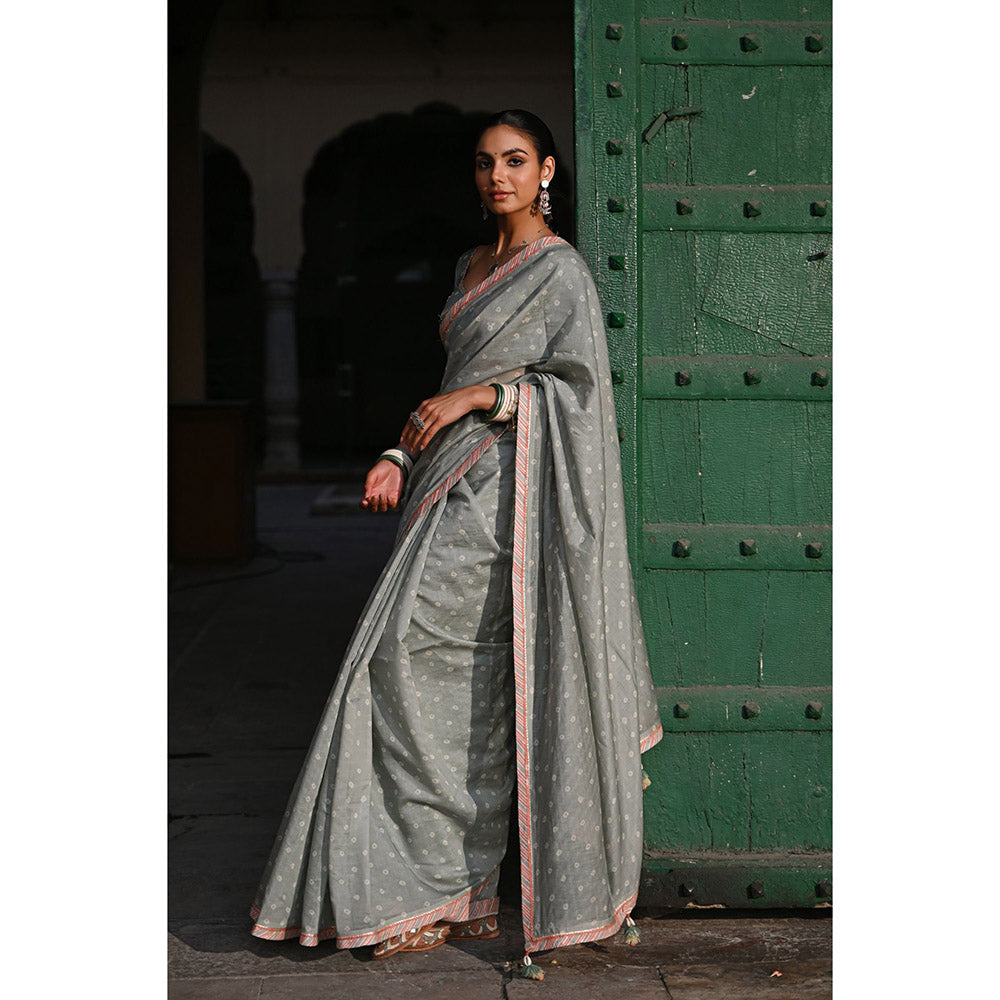 Baise Gaba Sunehri Grey Printed Gota Saree with Stitched Blouse