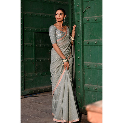 Baise Gaba Sunehri Grey Printed Gota Saree with Stitched Blouse