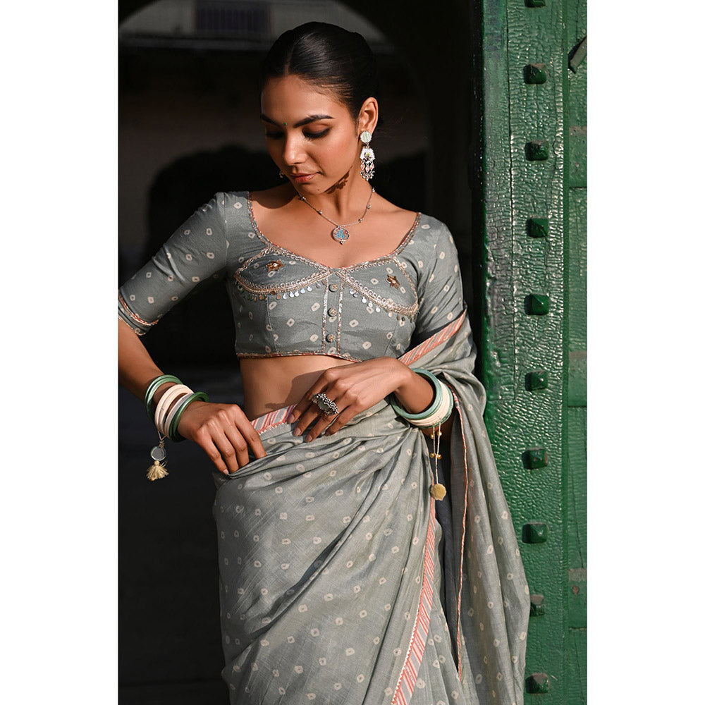 Baise Gaba Sunehri Grey Printed Gota Saree with Stitched Blouse