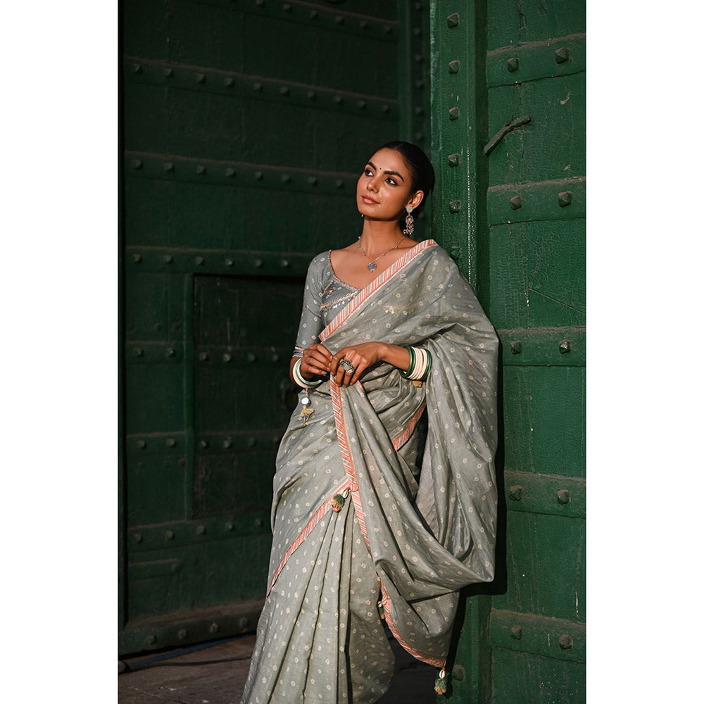 Baise Gaba Sunehri Grey Printed Gota Saree with Stitched Blouse