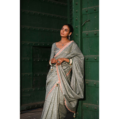 Baise Gaba Sunehri Grey Printed Gota Saree with Stitched Blouse
