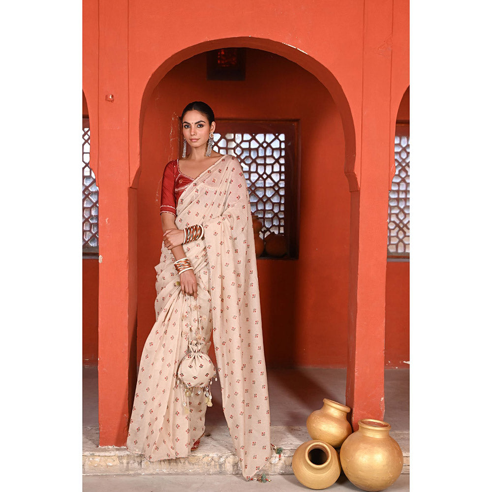 Baise Gaba Bagh Booti Printed Gota Work Saree with Stitched Blouse