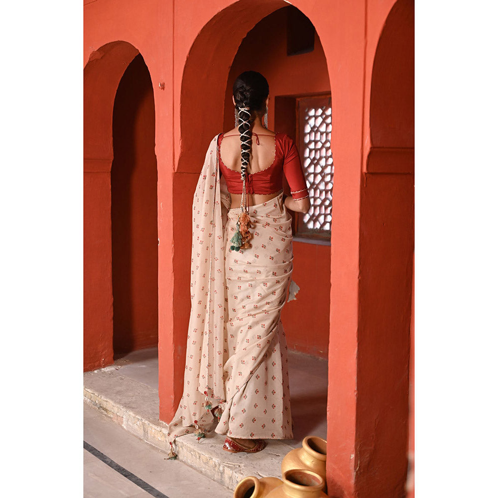 Baise Gaba Bagh Booti Printed Gota Work Saree with Stitched Blouse