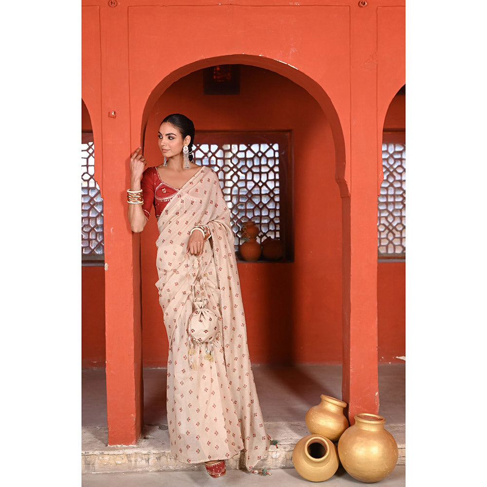 Baise Gaba Bagh Booti Printed Gota Work Saree with Stitched Blouse