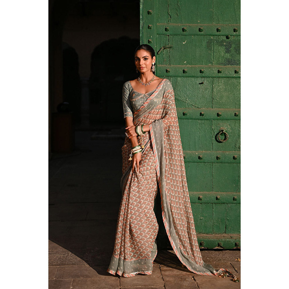 Baise Gaba Chandni Printed Saree with Stitched Blouse