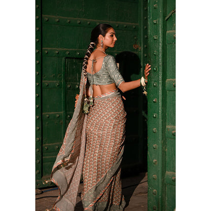 Baise Gaba Chandni Printed Saree with Stitched Blouse