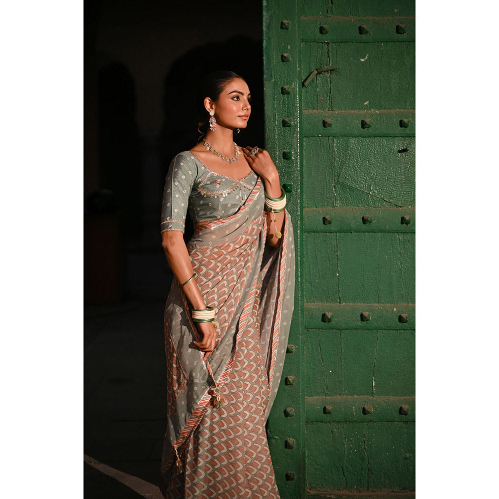 Baise Gaba Chandni Printed Saree with Stitched Blouse