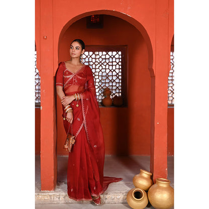 Baise Gaba Gulabi Surkh Gota Work Saree with Stitched Blouse