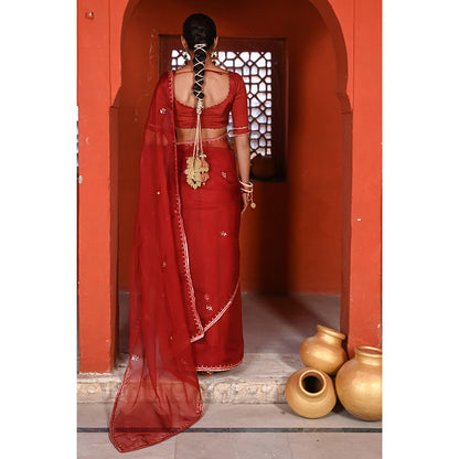 Baise Gaba Gulabi Surkh Gota Work Saree with Stitched Blouse
