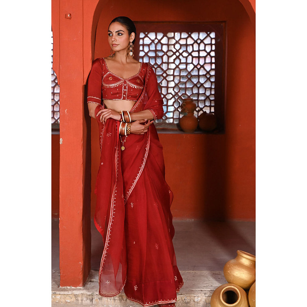 Baise Gaba Gulabi Surkh Gota Work Saree with Stitched Blouse