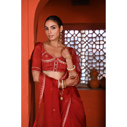 Baise Gaba Gulabi Surkh Gota Work Saree with Stitched Blouse