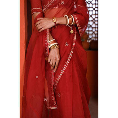 Baise Gaba Gulabi Surkh Gota Work Saree with Stitched Blouse