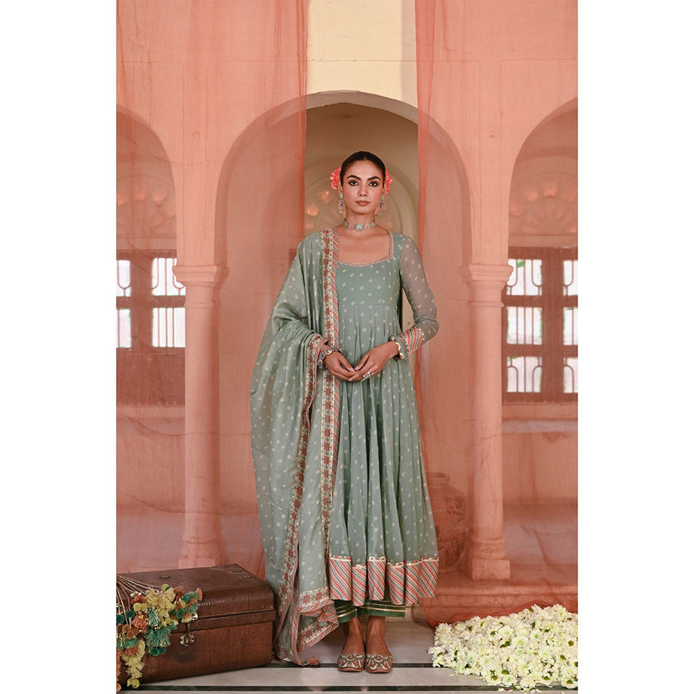 Baise Gaba Green Moti Mahal Printed Anarkali Kurta with Pant and Dupatta (Set of 3)