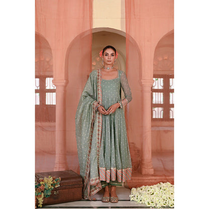 Baise Gaba Green Moti Mahal Printed Anarkali Kurta with Pant and Dupatta (Set of 3)