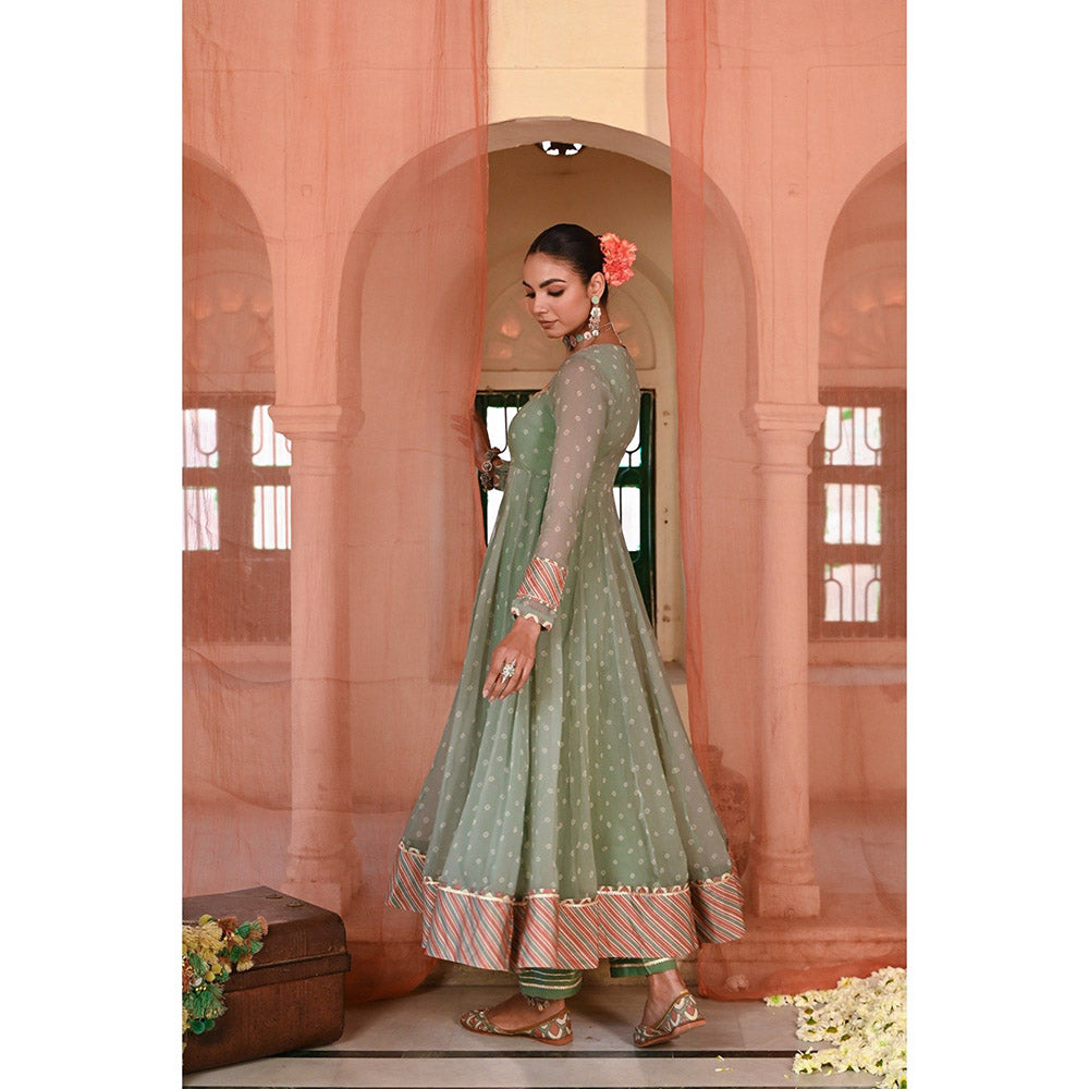 Baise Gaba Green Moti Mahal Printed Anarkali Kurta with Pant and Dupatta (Set of 3)