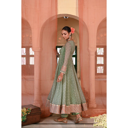 Baise Gaba Green Moti Mahal Printed Anarkali Kurta with Pant and Dupatta (Set of 3)