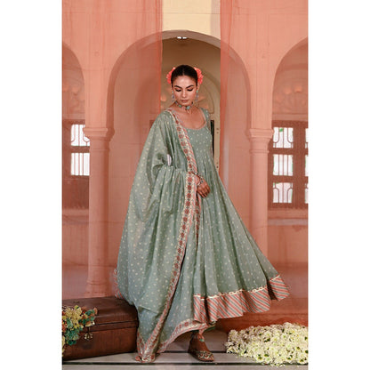 Baise Gaba Green Moti Mahal Printed Anarkali Kurta with Pant and Dupatta (Set of 3)