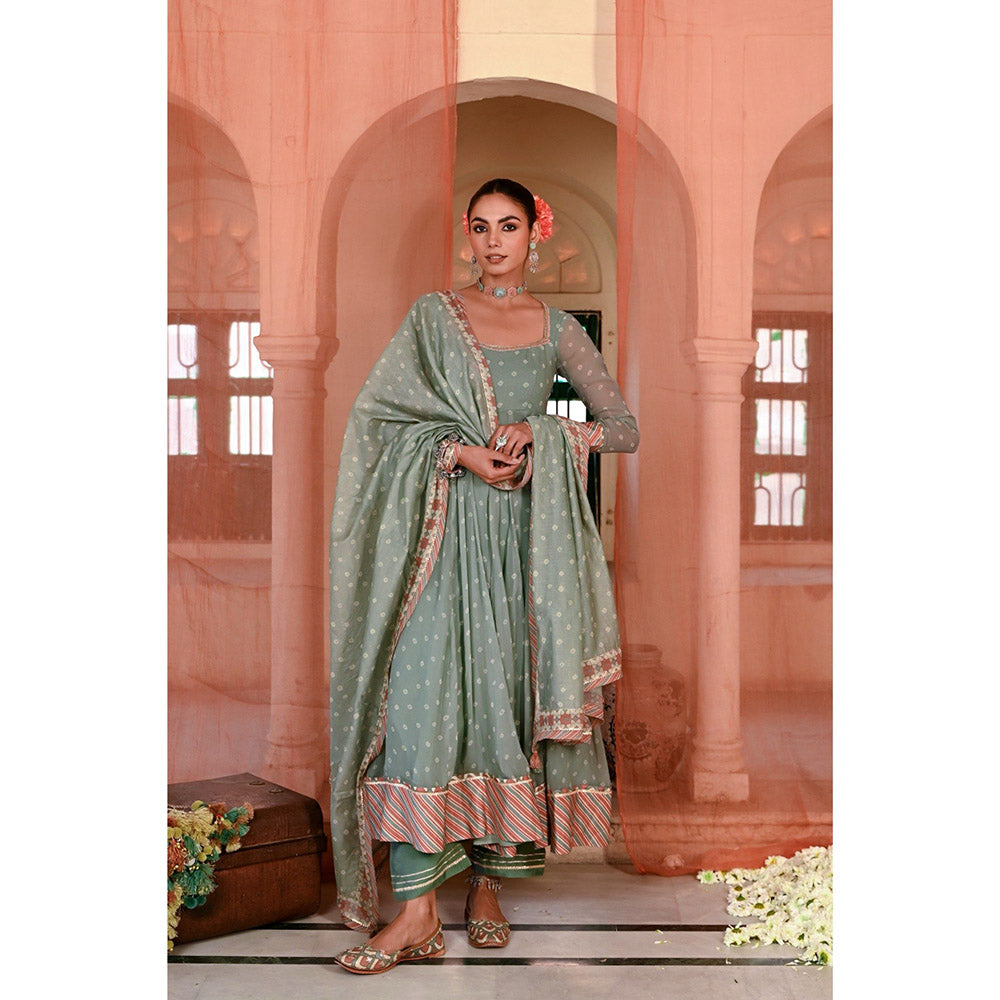 Baise Gaba Green Moti Mahal Printed Anarkali Kurta with Pant and Dupatta (Set of 3)
