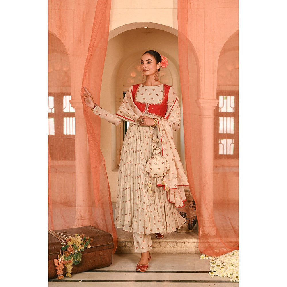 Baise Gaba Beige Floral Printed Anarkali Kurta Pant with Koti and Dupatta (Set of 4)