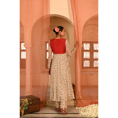 Baise Gaba Beige Floral Printed Anarkali Kurta Pant with Koti and Dupatta (Set of 4)