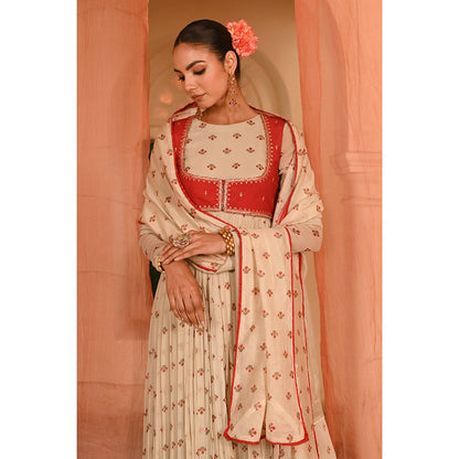 Baise Gaba Beige Floral Printed Anarkali Kurta Pant with Koti and Dupatta (Set of 4)