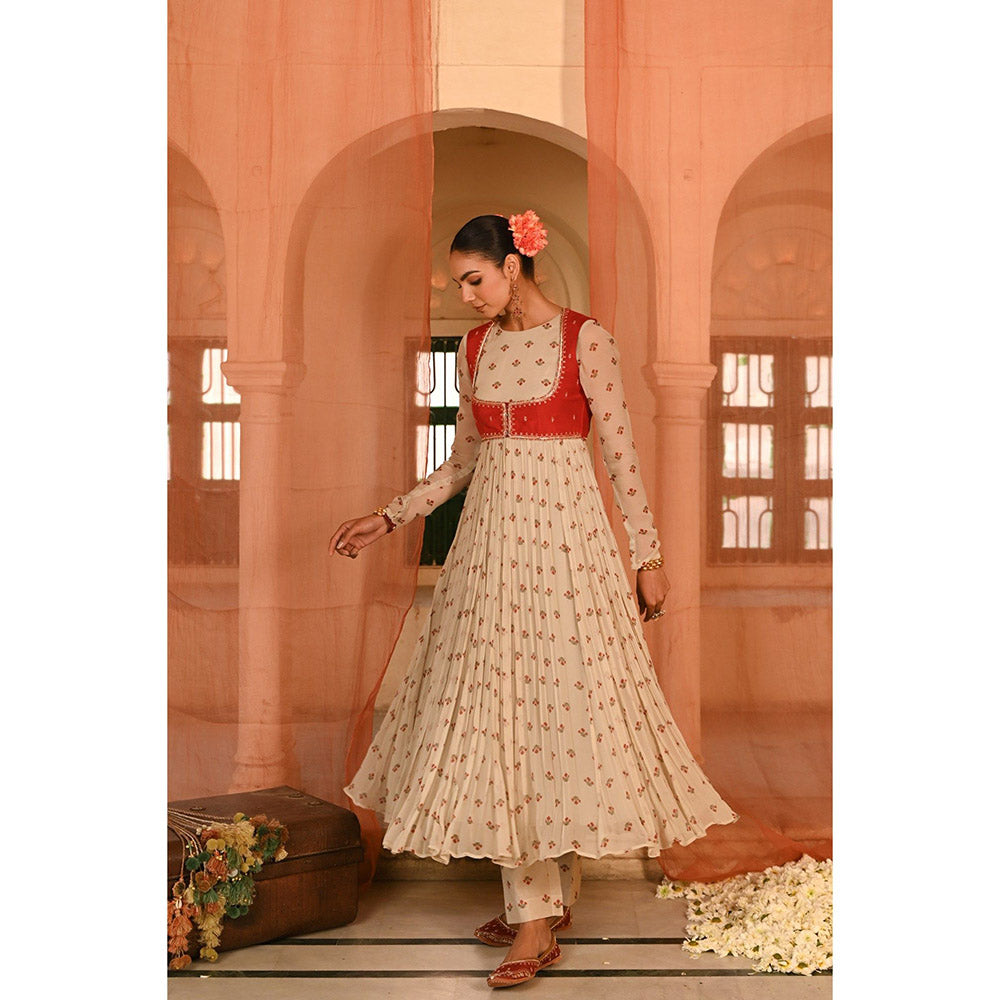 Baise Gaba Beige Floral Printed Anarkali Kurta Pant with Koti and Dupatta (Set of 4)