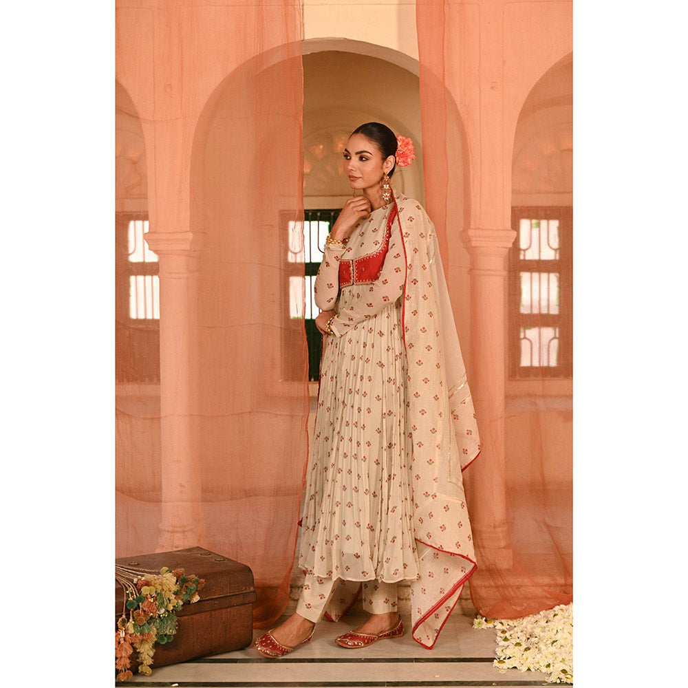 Baise Gaba Beige Floral Printed Anarkali Kurta Pant with Koti and Dupatta (Set of 4)