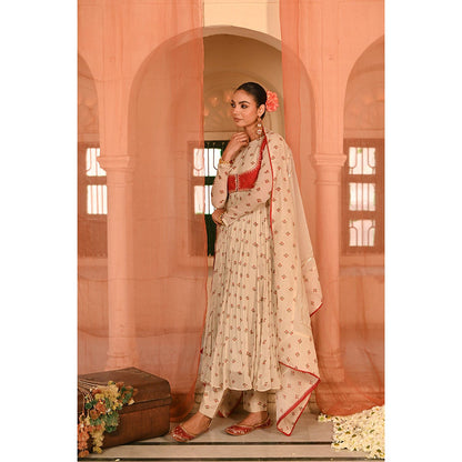 Baise Gaba Beige Floral Printed Anarkali Kurta Pant with Koti and Dupatta (Set of 4)