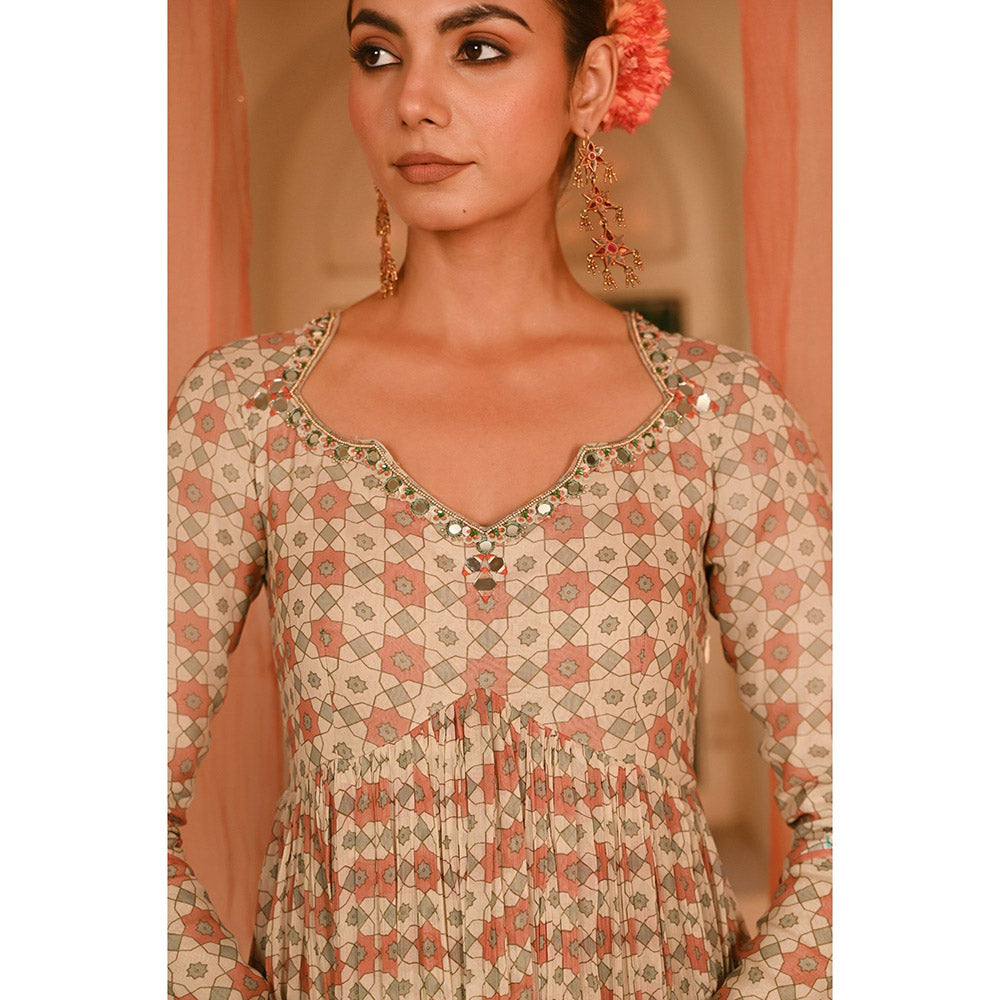 Baise Gaba Beige Seesh Mahal Anarkali Kurta with Pant and Dupatta (Set of 3)