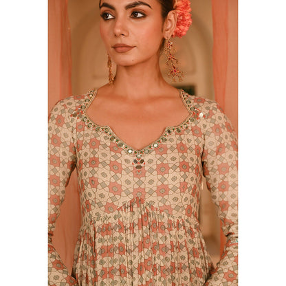 Baise Gaba Beige Seesh Mahal Anarkali Kurta with Pant and Dupatta (Set of 3)