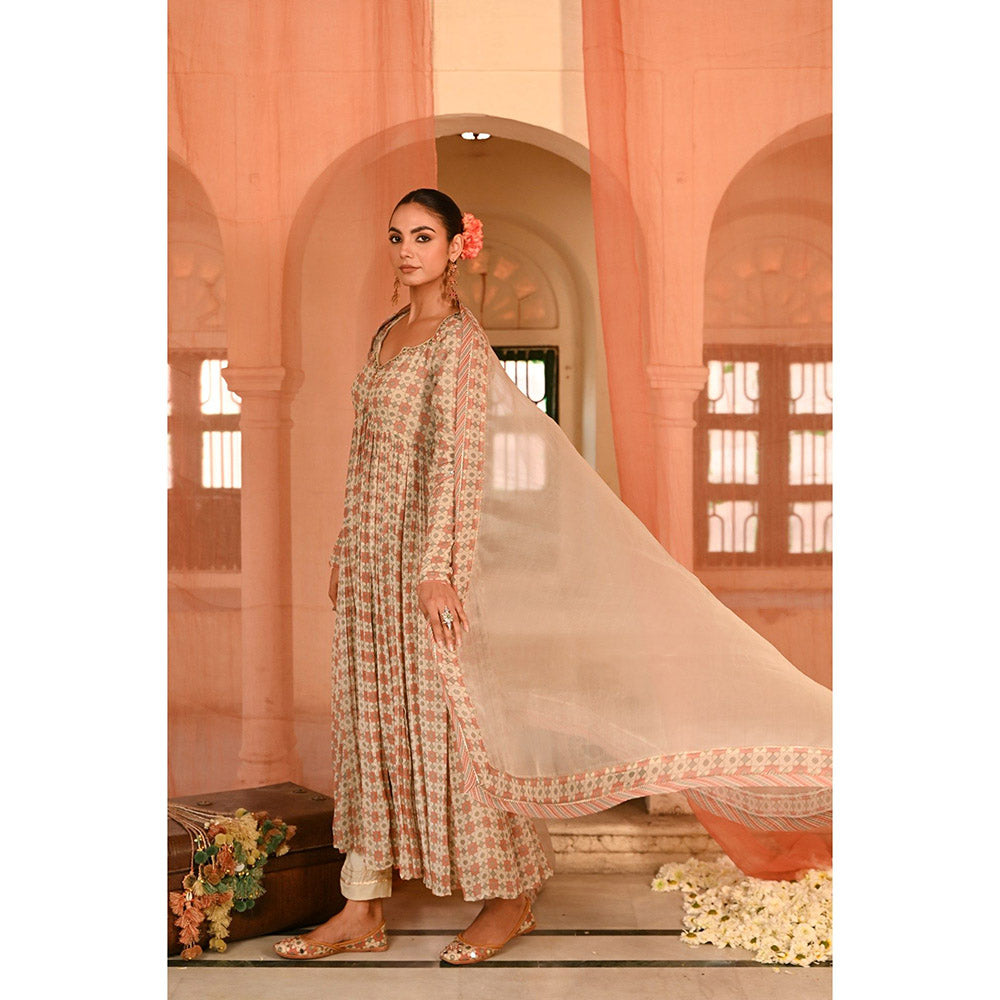 Baise Gaba Beige Seesh Mahal Anarkali Kurta with Pant and Dupatta (Set of 3)