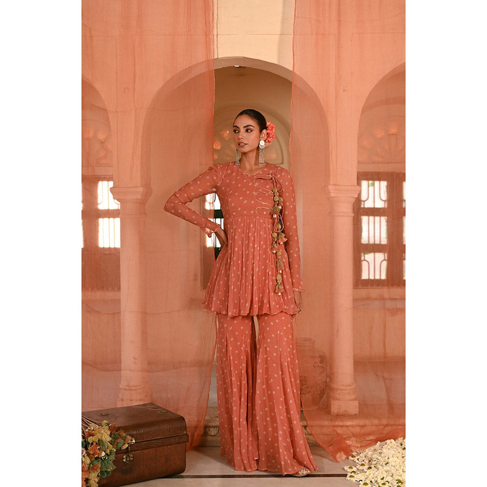 Baise Gaba Orange Surajpole Bandhani Printed Kurti with Sharara (Set of 2)