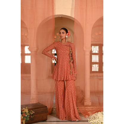 Baise Gaba Orange Surajpole Bandhani Printed Kurti with Sharara (Set of 2)