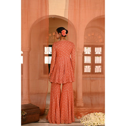 Baise Gaba Orange Surajpole Bandhani Printed Kurti with Sharara (Set of 2)