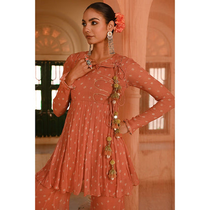 Baise Gaba Orange Surajpole Bandhani Printed Kurti with Sharara (Set of 2)