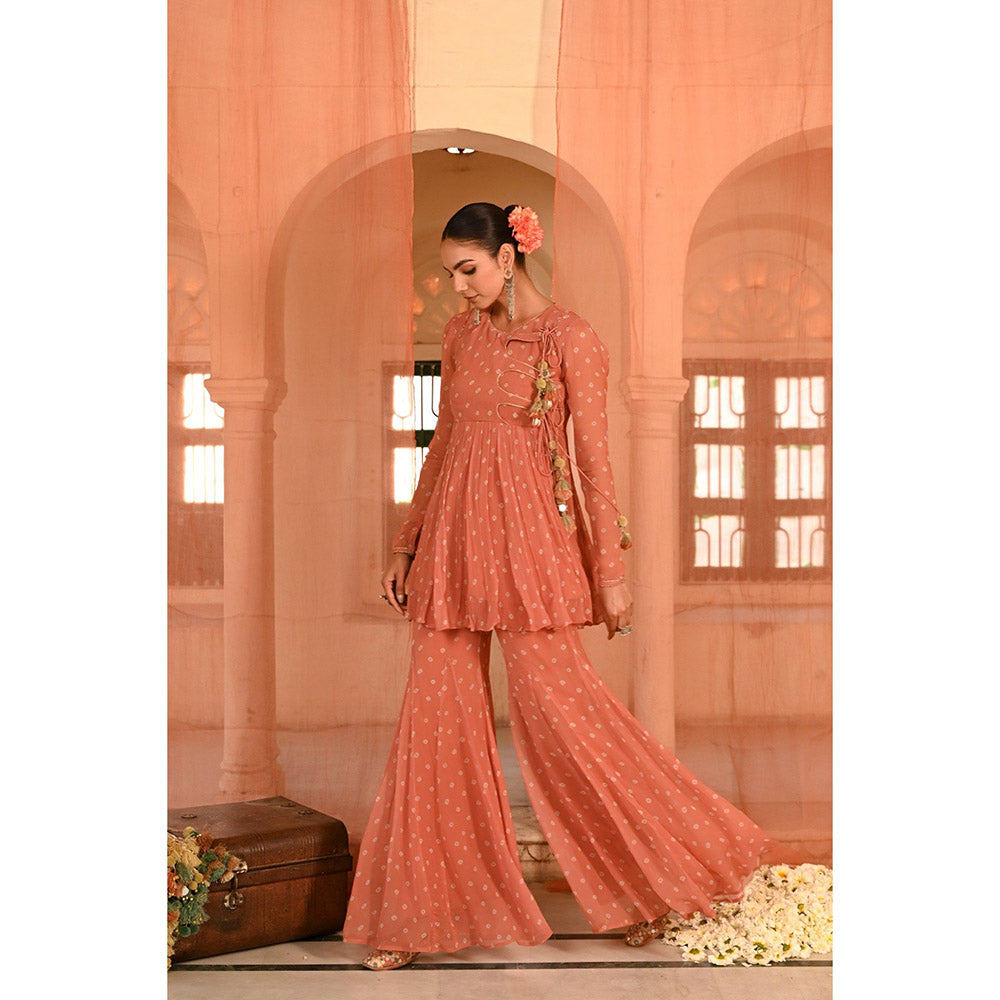 Baise Gaba Orange Surajpole Bandhani Printed Kurti with Sharara (Set of 2)