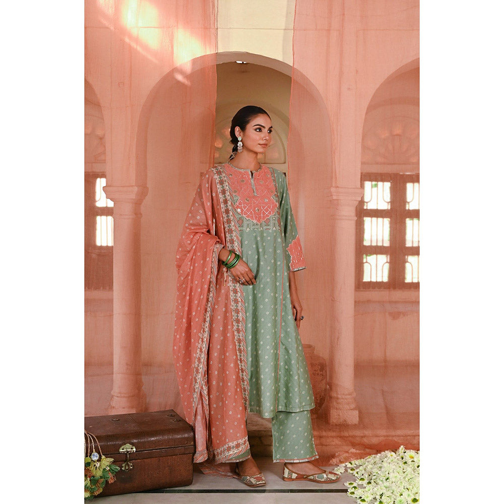 Baise Gaba Green Sanganeri Printed Kurta with Pant and Dupatta (Set of 3)