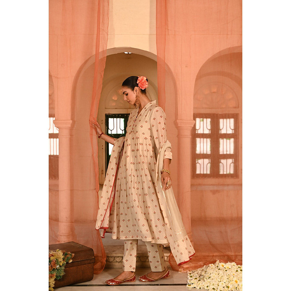 Baise Gaba Beige Jalmahal Floral Printed Anarkali Kurta with Pant and Dupatta (Set of 3)